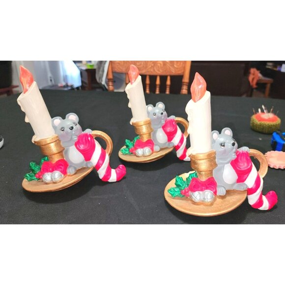 3 Vintage Mouse Stocking Holders Candy Cane Holly Christmas Decor - Picture 1 of 10